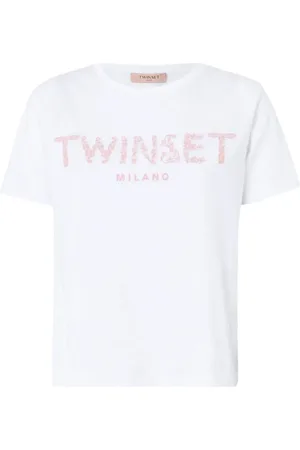 Twin-Set Koszulki, Kobieta, Biały, L, Haftowany T-shirt z bawełny z krótkim rękawem