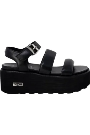 Cult Buty, Kobieta, Czarny, 39 EU, Skóra, Czarne Skórzane Sandały na Platformie z Klamrą