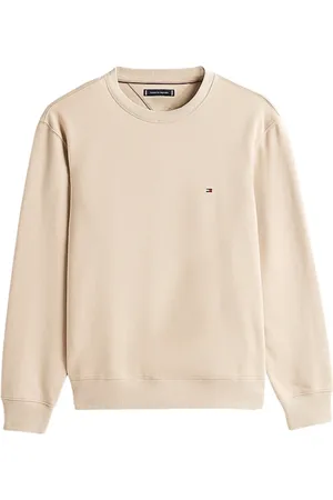 Tommy Hilfiger Bluzy, Mężczyzna, brązowy, XL, Beżowy Sweter z Okrągłym Kołnierzem i Haftowanym Logo