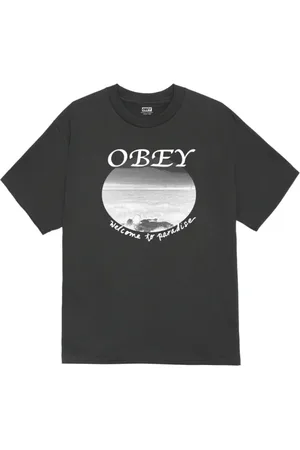 Obey Koszulki, Mężczyzna, Czarny, L, Vintage Paradise Tee z nadrukiem z przodu