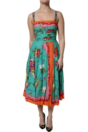 Dolce & Gabbana Sukienki, Kobieta, Wielobarwność, 2XS, Kolorowa Sukienka Midi z Jedwabiu z Warzywnym Nadrukiem