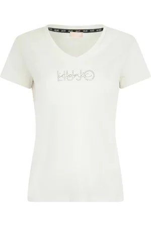 Liu Jo Koszulki, Kobieta, Biały, 2XS, Biała Bawełniana Koszulka z Logo ze Strass