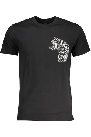 Roberto Cavalli Koszulki, Mężczyzna, Czarny, XL, Czarna Bawełniana Koszulka z Nadrukiem Logo
