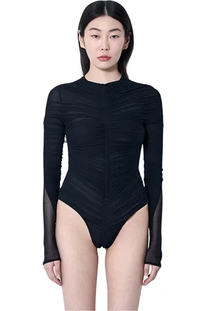MUGLER Koszulki, Kobieta, Czarny, S, Body z marszczeniami w siateczce