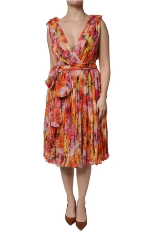 Dolce & Gabbana Sukienki, Kobieta, Wielobarwność, M, Kwiatowa jedwabna sukienka z dekoltem V