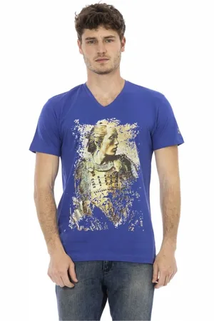 Trussardi Koszulki, Mężczyzna, Niebieski, 2XL, Bawełna, Eleganckie T-shirt z dekoltem V i frontprintem