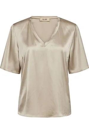 Mos Mosh Bluzki, Kobieta, Beżowy, XS, Len, Satin V-Neck Bluzka MMEvie Styl