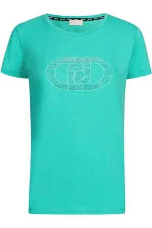 Liu Jo Koszulki, Kobieta, Zielony, L, T-shirt z logo i kamieniami szlachetnymi