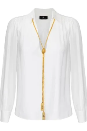 Elisabetta Franchi Bluzki, Kobieta, Beżowy, S, Poliester, Elegancka koszula w kolorze kości słoniowej z zawieszką naszyjnikową