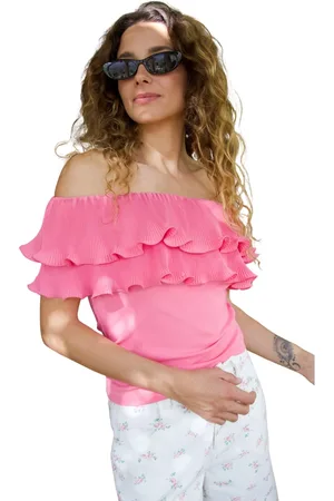 Crās Koszulki, Kobieta, Różowy, 2XL, Poliester, Off-shoulder Flounce Top