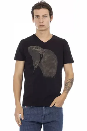 Trussardi Koszulki, Mężczyzna, Czarny, S, Bawełna, Czarna koszulka z dekoltem w serek i nadrukiem