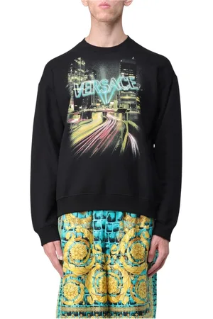 VERSACE Bluzy, Mężczyzna, Czarny, M, Czarny Sweter z Graficznym Nadrukiem