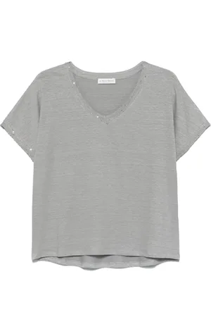LE TRICOT PERUGIA Koszulki, Kobieta, Szary, 2XL, Szara T-shirt z cekinami i dekoltem w serek