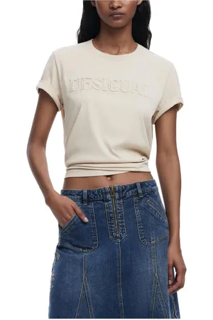 Desigual Koszulki, Kobieta, Beżowy, XS, Beżowy T-shirt z Okrągłym Dekoltem