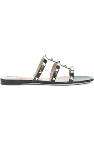 VALENTINO GARAVANI Buty, Kobieta, Czarny, 37 EU, Len, Czarne Skórzane Sandały ze Studded