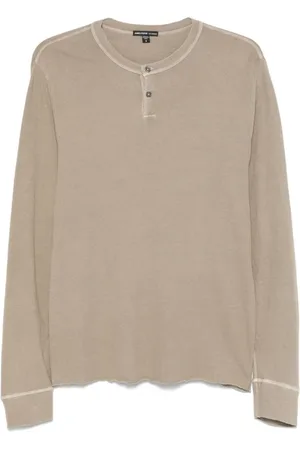 James Perse Koszulki, Mężczyzna, Beżowy, S, Bawełna, Beżowy T-shirt z dekoltem typu Henley i długim rękawem