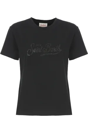 MC2 SAINT BARTH Koszulki, Kobieta, Czarny, L, Czarna Bawełniana Koszulka z Logo Strass
