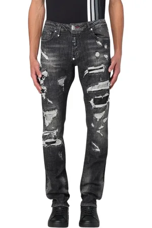 Philipp Plein Jeansy, Mężczyzna, Szary, W32, Denim, Stylowe Distressed Slim Fit Szare Jeansyy