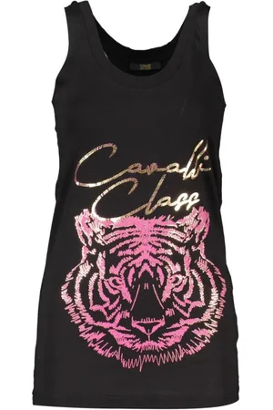 Roberto Cavalli Koszulki, Kobieta, Czarny, L, Bawełna, Czarny Bawełniany Top Damski