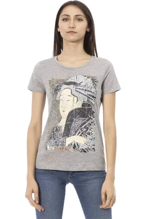 Trussardi Koszulki, Kobieta, Szary, XS, Bawełna, Elegancka Szara Bawełniana Koszulka z Nadrukiem