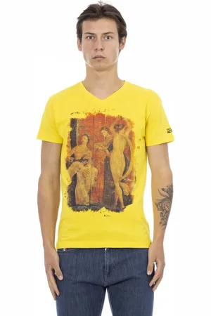 Trussardi Koszulki, Mężczyzna, Żółty, L, T-shirt z krótkim rękawem z dekoltem w serek - nadruk z przodu