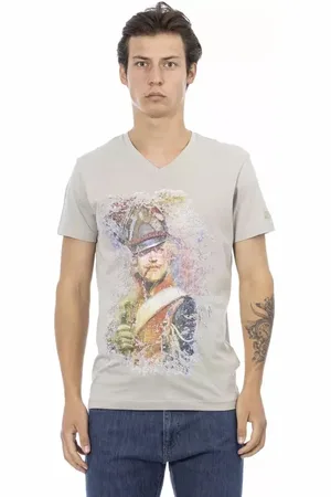 Trussardi Koszulki, Mężczyzna, Szary, L, Bawełna, Elegancka koszulka z dekoltem w serek i ekskluzywnym nadrukiem