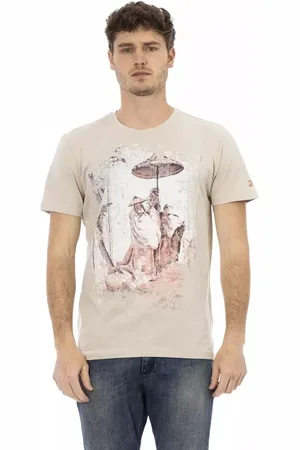 Trussardi Koszulki, Mężczyzna, Beżowy, XL, Bawełna, Beżowy luksusowy T-shirt z krótkim rękawem i nadrukiem na przodzie