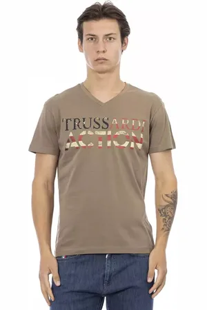 Trussardi Koszulki, Mężczyzna, Beżowy, 2XL, Nowoczesny Brązowy T-shirt męski z dekoltem w serek