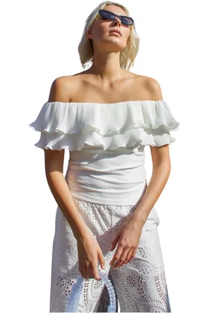 Crās Koszulki, Kobieta, Biały, XL, Poliester, Off-shoulder Flounce Top