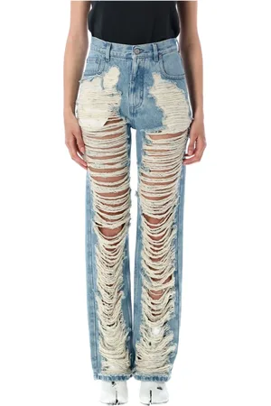 Maison Margiela Jeansy, Kobieta, Niebieski, W26, Niebieskie Ripped Jeansy Straight Leg Stylowe