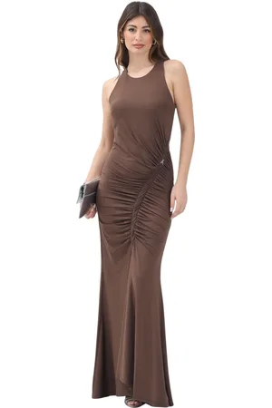 Patrizia Pepe Sukienki, Kobieta, brązowy, M, Poliester, Brązowa Długa Sukienka Elegancka Kobieca Drapowanie
