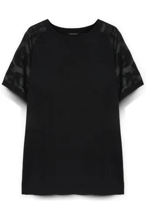 Fiorella rubino Koszulki, Kobieta, Czarny, S, Poliester, T-shirt z perforowanymi rękawami