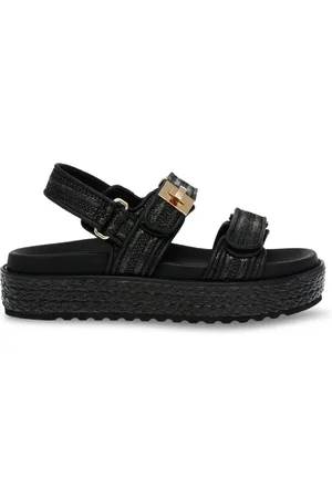 Steve Madden Buty, Kobieta, Czarny, 37 EU, Grube Sandały z Raffią i Złotymi Szczegółami