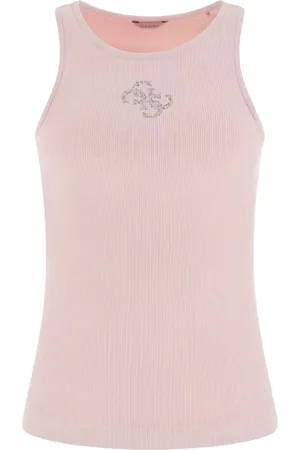 Guess Koszulki, Kobieta, Różowy, S, Ryflowany Top z Okrągłym Dekoltem