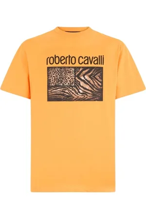 Roberto Cavalli Koszulki, Mężczyzna, Pomarańczowy, S, T-shirt z nadrukiem zwierzęcym i logo