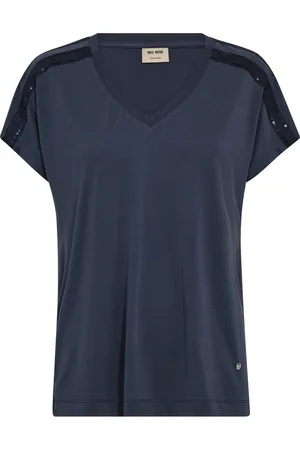 Mos Mosh Koszulki, Kobieta, Niebieski, XS, T-shirt z cekinami i cekinami V-neck