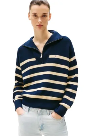 Tommy Hilfiger Swetry, Mężczyzna, Niebieski, 2XS, Bawełna, Paski sweter z pół-zipem
