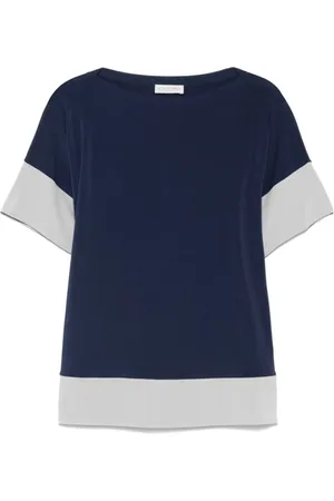 LE TRICOT PERUGIA Koszulki, Kobieta, Niebieski, XL, Beżowy T-shirt z dekoltem w łódkę i krótkimi rękawami