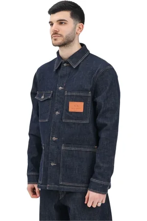 Armani Exchange Kurtki, Mężczyzna, Niebieski, L, Denim, Ciemna kurtka jeansowa z kontrastowymi szwami