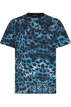 Roberto Cavalli Koszulki, Mężczyzna, Niebieski, S, Jaguar Skin Print Crew-neck T-shirt