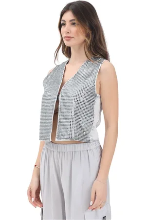 Armani Exchange Kurtki, Kobieta, Szary, L, Bawełna, Kurtka Gilet z metaliczną siatką