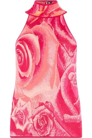 Roberto Cavalli Koszulki, Kobieta, Różowy, S, Top z nadrukiem ogrodu różanego