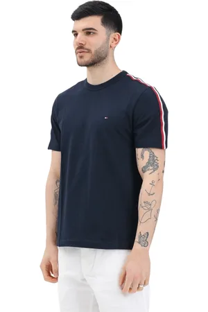 Tommy Hilfiger Koszulki, Mężczyzna, Niebieski, XL, Niebieski T-shirt w Paski z Krótkim Rękawem