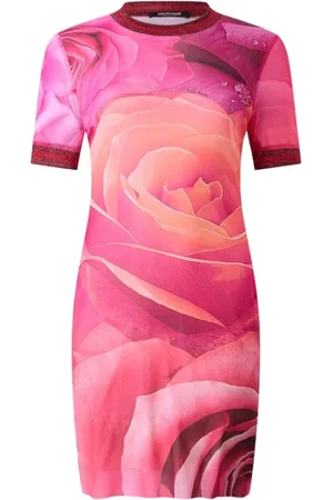 Roberto Cavalli Sukienki, Kobieta, Różowy, S, Sukienka z różami i brokatem