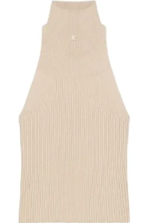 Courrèges Koszulki, Kobieta, Beżowy, S, Top z bawełny z dekoltem typu Mockneck bez rękawów z aplikacją loga