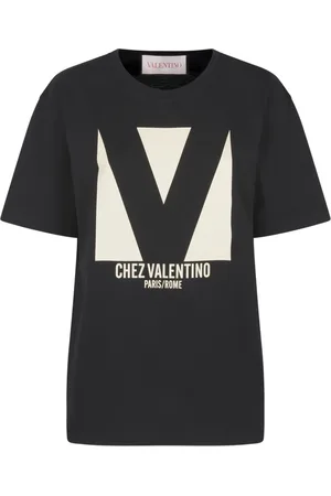 VALENTINO Koszulki, Kobieta, Czarny, 2XS, Len, Czarna Bawełniana Koszulka z Nadrukiem