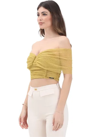 Elisabetta Franchi Bluzki, Kobieta, Żółty, M, Tiul, Żółty top w groszki z odkrytymi ramionami