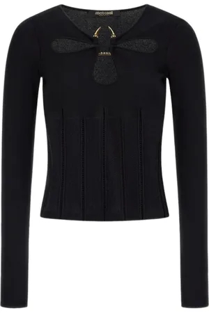 Roberto Cavalli Swetry, Kobieta, Czarny, L, Czarny Sweter z Wzorem i Detalem Fang