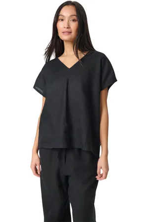 Soaked in Luxury Bluzki, Kobieta, Czarny, S, Czarny lniany top z dekoltem V