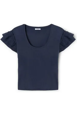 Motivi Koszulki, Kobieta, Niebieski, XS, Bawełna, T-shirt z falbanowymi rękawami
